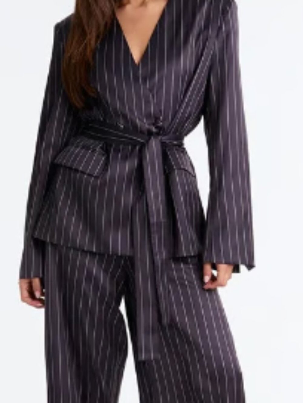 To Be Precise Pinstripe Satin Belted Blazer Pant Set